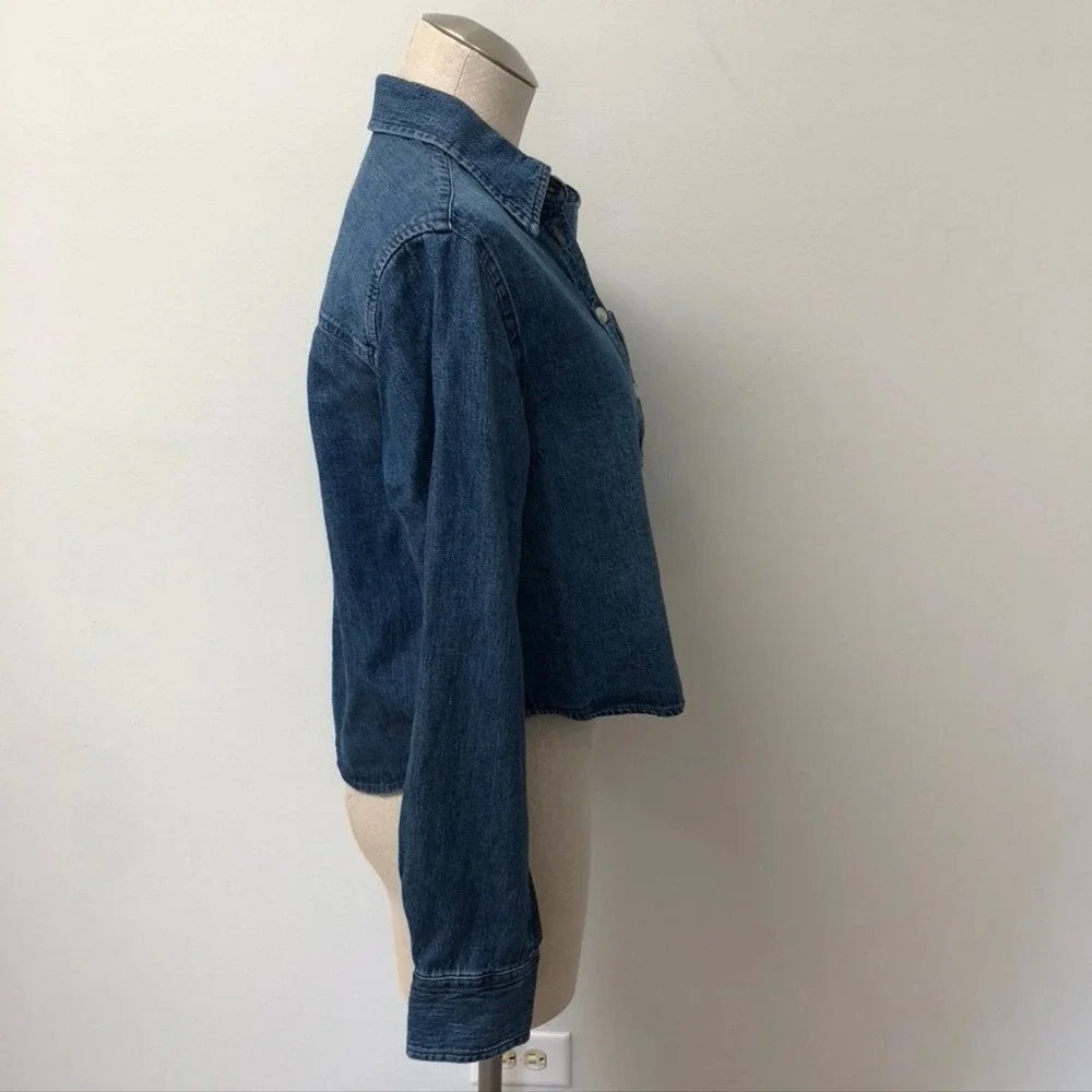Denim Forum Button Down Shirt Womens XS Blue Cotton Hemp Cropped Long Sleeve - Picture 6 of 11